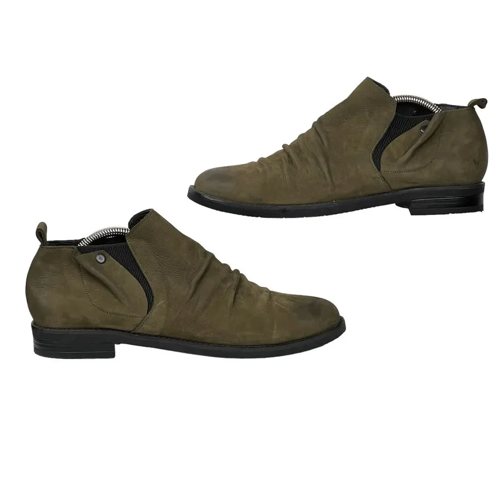 Bueno Pull On Leather Bootie Women's SZ 9.5 40 Olive Boho Elastic Panel Comfort